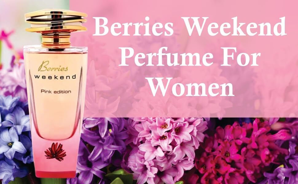 Pink perfume bottle labeled 'Berries Weekend' against a floral background with purple and pink flowers. Text describes it as a perfume for women.