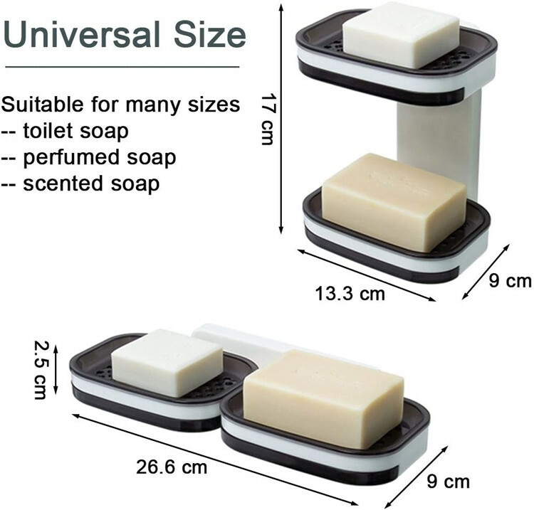 Adhesive Soap Saver Box Case Wall Mounted Bar Soap Holder Double Layer Soap Dish with Draining Tray
