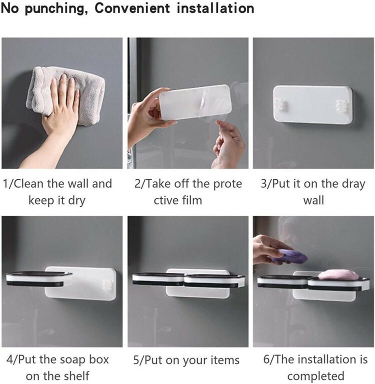 Adhesive Soap Saver Box Case Wall Mounted Bar Soap Holder Double Layer Soap Dish with Draining Tray