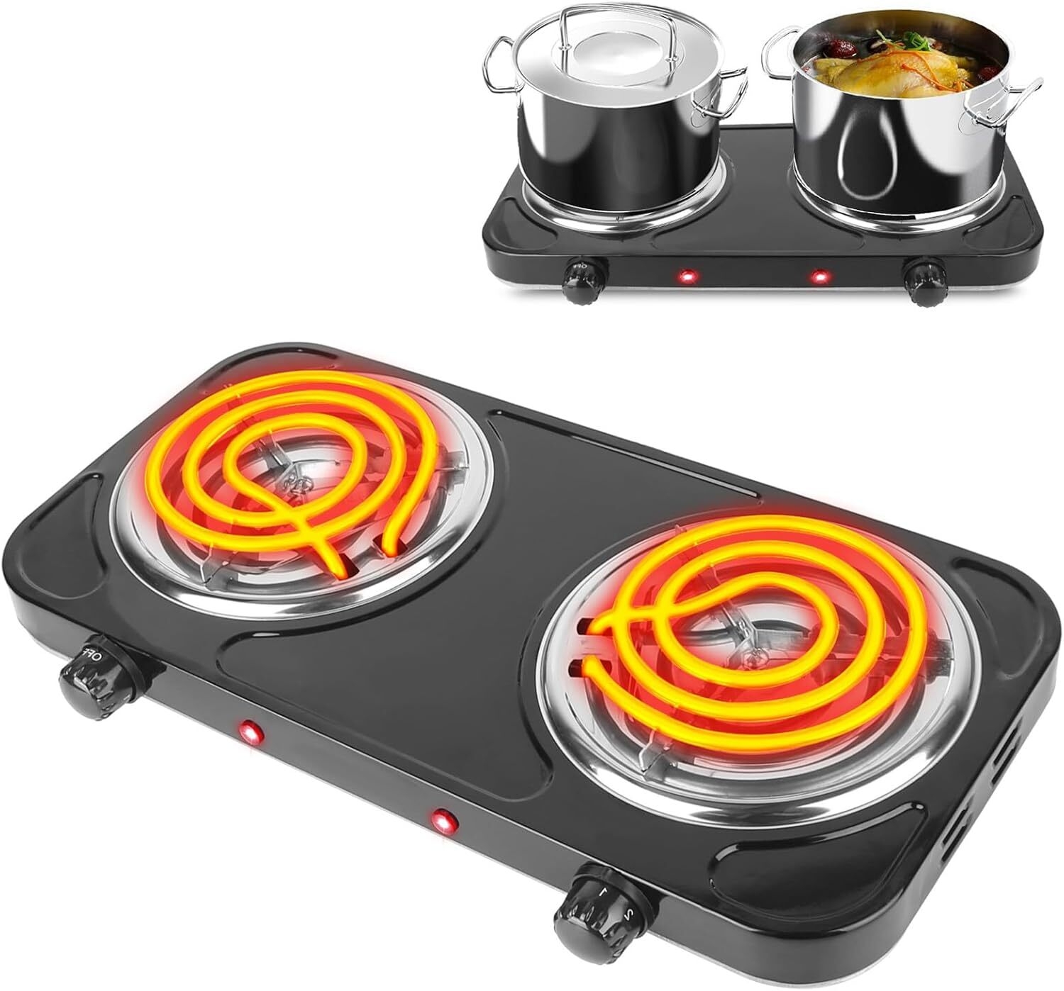 Hot Plate, Double Burner, 2000W Portable Electric Stove for Cooking with 5  Levels Adjustable Temperature & Dual Control, Countertop Double Coil Burner  Cast Iron Cooktop for All Cookwares Home Camp RV
