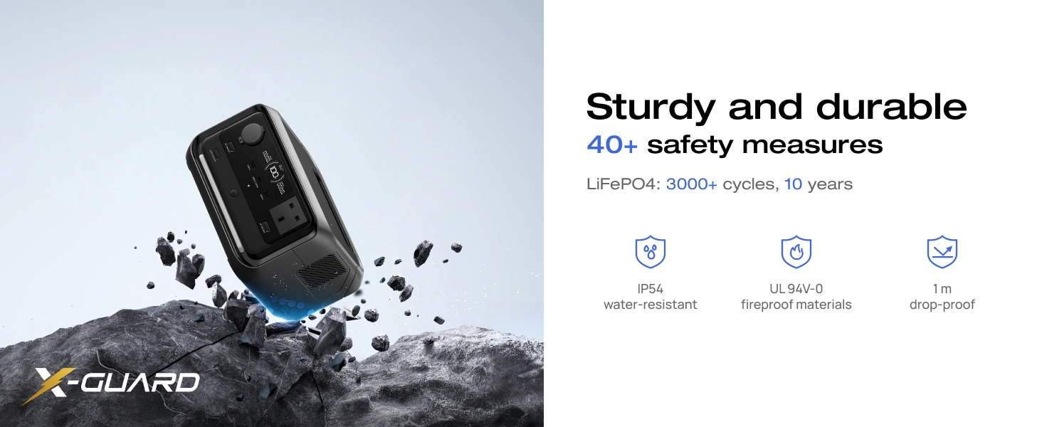 Phone case product splash photography showing water resistance, with device emerging from water droplets and specifications text.