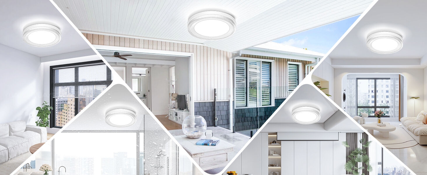 Circular LED ceiling light fixture with a white frame and frosted glass diffuser. Shown in various room settings, providing bright, even illumination in modern interiors.