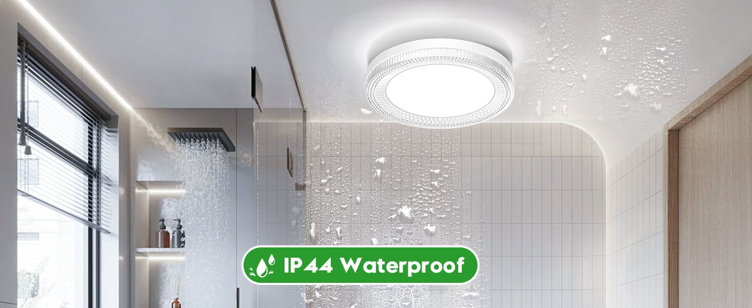 Modern bathroom ceiling light fixture with crystal-like droplets. Round, white base with 'IP44 Waterproof' text overlay. Installed in a tiled bathroom with shower visible.