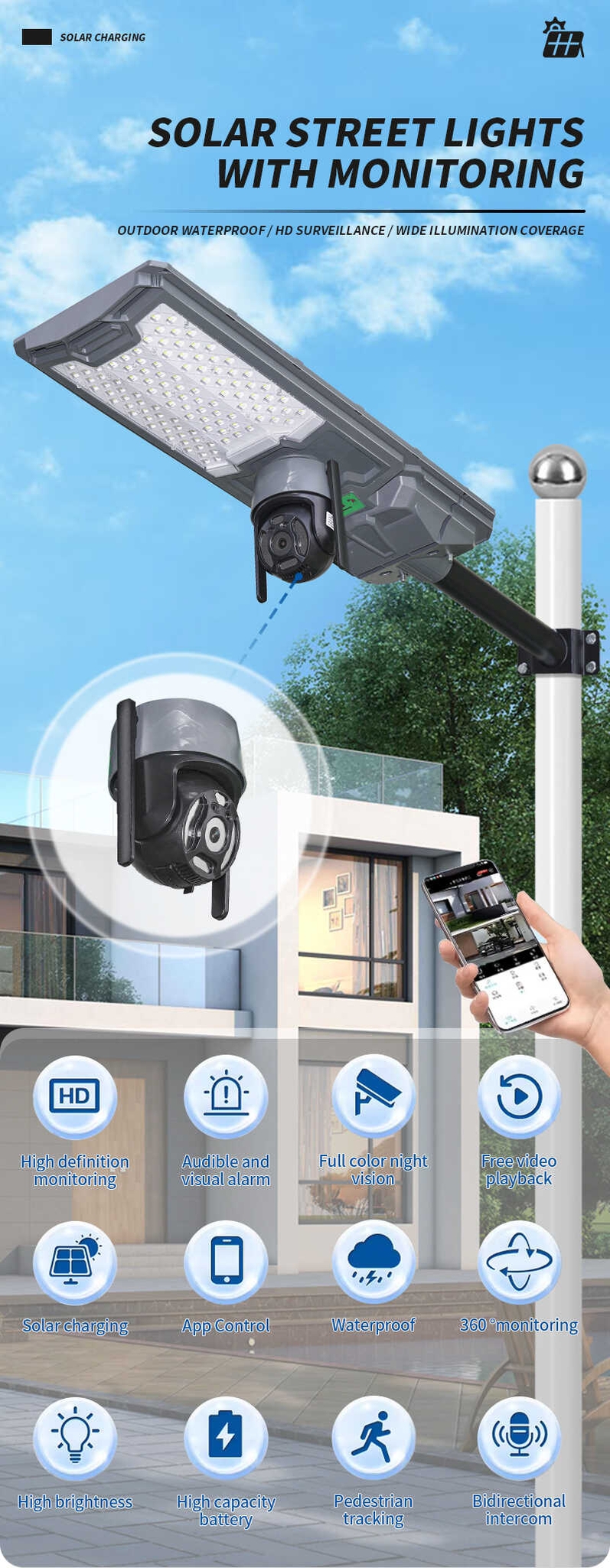 New application control CCTV WIFI 300W 500W LED solar street light CCTV camera 4G integrated solar street light with CCTV camera outdoor