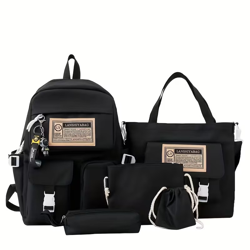a set of 5 solid color backpacks featuring a backpack a simple handbag and coin purse a casual crossbody bag a pencil case handbag and a lightweight student backpack set complete with a free astronaut keychain school use black 0