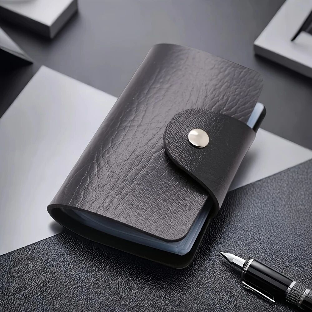 时尚黑色人造皮革钱包，带有 24 个卡槽 - 紧凑的商务名片夹和笔记本，中性设计 6