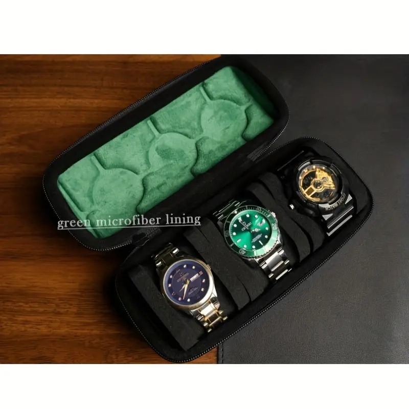 3 slots hard watch travel case watch roll case storage and organizer for men and women with anti move watch pillow watch box holder display cabinet hardshell zipper watch carry case green   suede lining   for gifts details 3