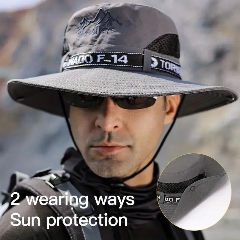 2件男士运动宽檐遮阳帽， +防晒，可透气网眼面料及可调节带 - 轻便户外帽子适合钓鱼、徒步旅行、露营、海滩，防晒头饰，舒适佩戴，夏季旅行必备 详情 4