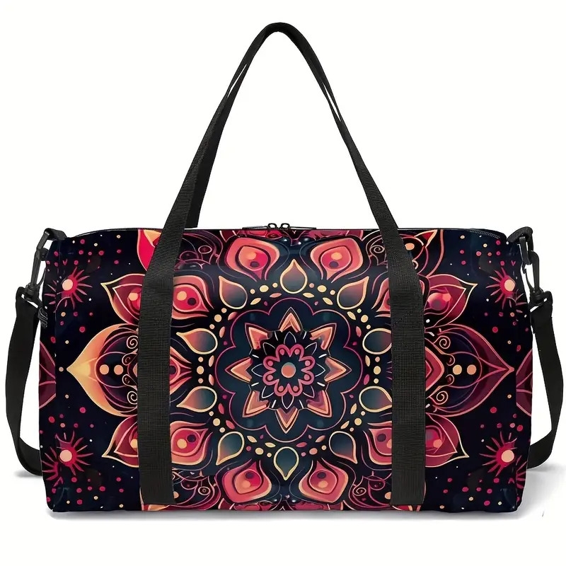 充满活力的波西米亚曼陀罗印花行李袋 - 女士旅行和瑜珈包，带肩带，聚酯材质，混合颜色（紫色、蓝色、粉红色、橙色、青色）- 非常适合健身房、运动或周末度假，旅行行李袋|艺术行李配件 |耐用的旅行装备、旅行包 6