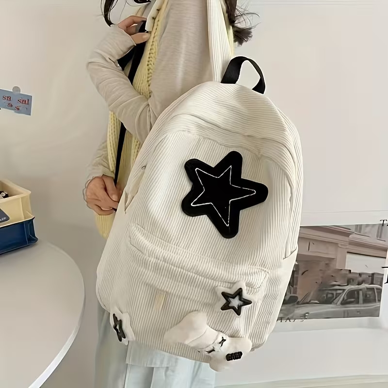 一款带有星星刺绣的灯芯绒休闲双肩包 - 宽敞的大学风背包,适合日常通勤 - 多功能可爱的高中生书包,可折叠轻便设计,可调节肩带和涤纶内衬 商品详情 4