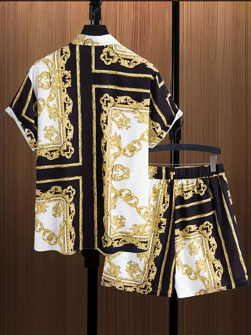 男士夏威夷印花短袖短裤衬衫套装宽松两件套 商品详情 1