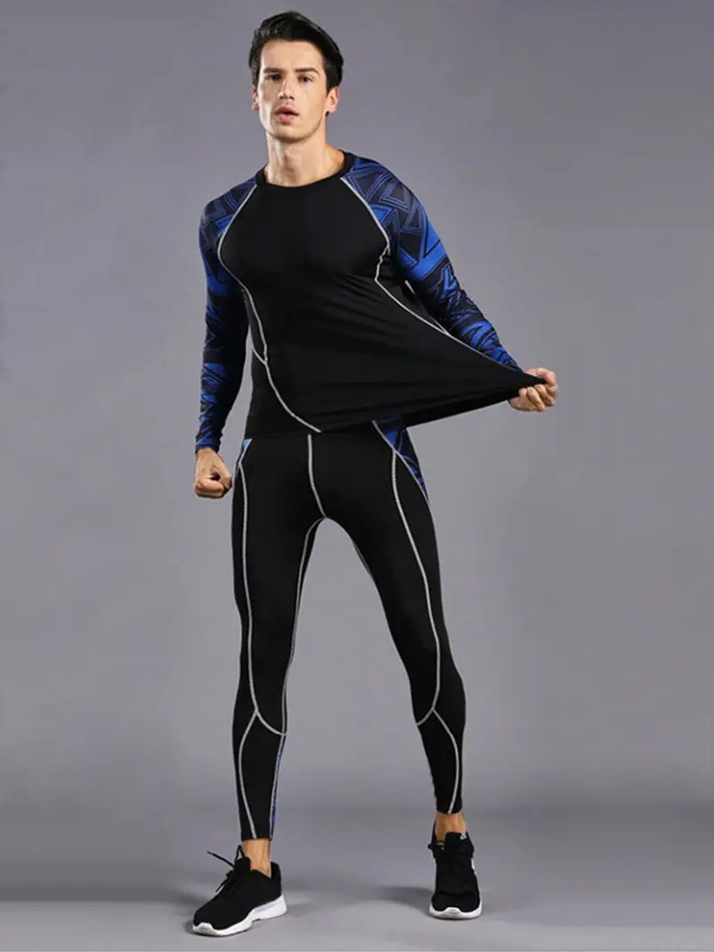 mens sports elastic tights set long sleeve sports fitness quick dry t shirt for running basketball football super foot bowl
