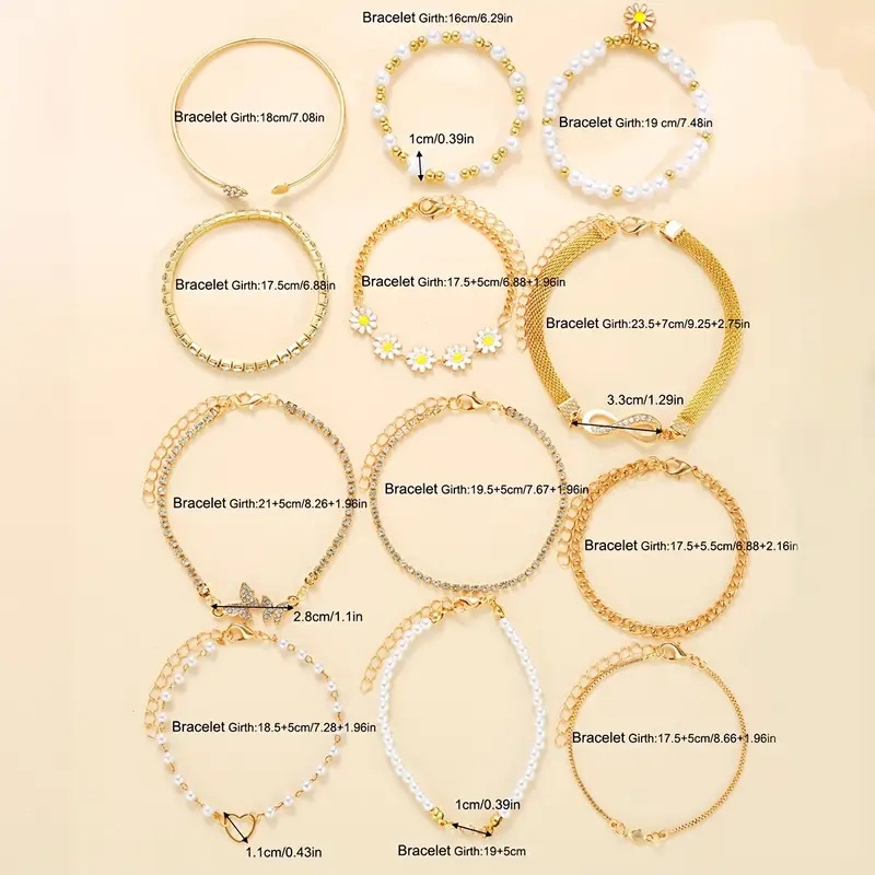 12件套时尚仿珍珠与雏菊手链套装 - 女士心形、星星、蝴蝶吊饰 | 完美适合度假、日常佩戴及礼物赠送 详情 4