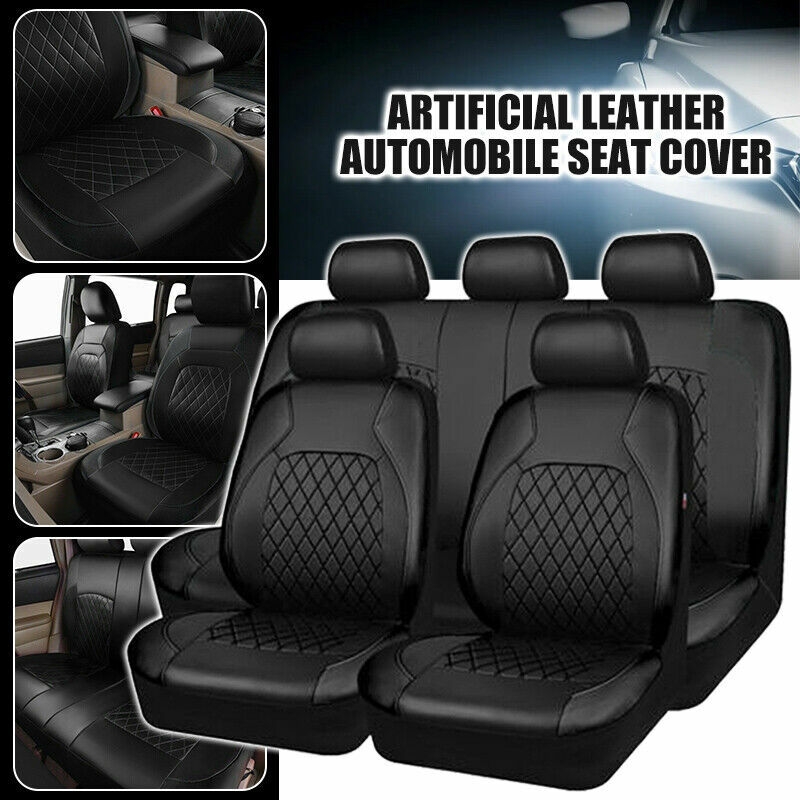 Luxury PU Leather 5-sits Car Seat Cover Cushions Set Black Full Set Interior NEW - Picture 2 of 11