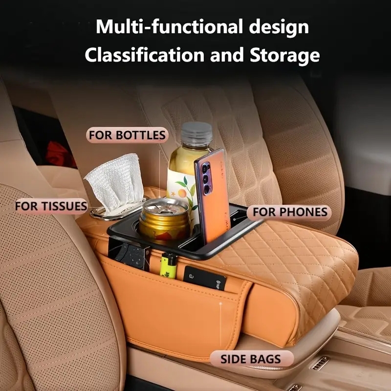 car armrest box mat with multi functional storage with 2 drink holders 2 side pockets   of partitioned storage car interior storage small item storage   leather embossed armrest box mat details 0