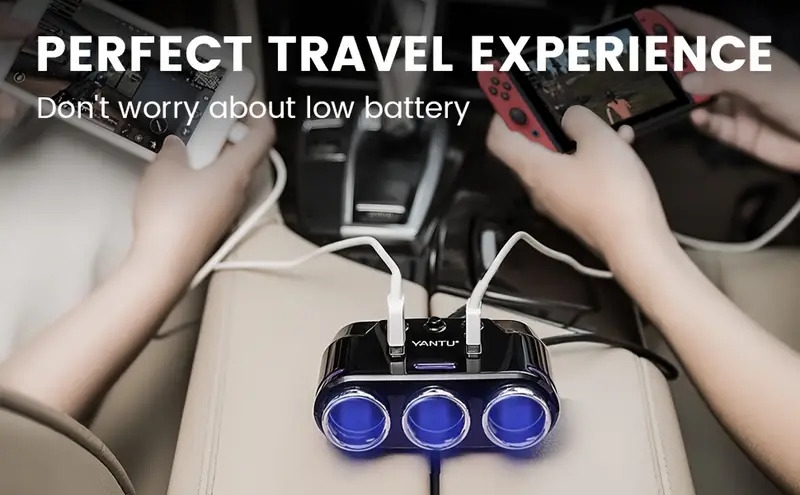 智能 3 插座车载充电器，带 led 电压显示和双 usb 端口车载插头打火机禁食充电适配器 - 非常适合所有汽车设备！ 详情 1