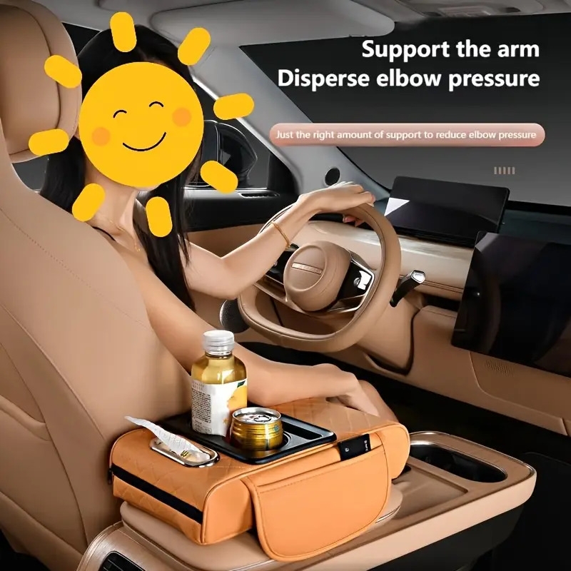 car armrest box mat with multi functional storage with 2 drink holders 2 side pockets   of partitioned storage car interior storage small item storage   leather embossed armrest box mat details 2