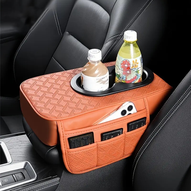 universal car center console organizer pu leather armrest cover with 2 side pockets 2 cup holders multifunctional storage for phone water bottle cards compatible with most vehicles car accessoriescar accessories for womencar accessori Product details 2