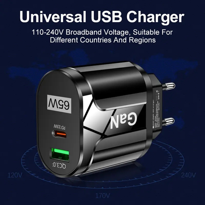 usb charger 65w fast charging mobile phone adapter for iphone samsung xiaomi wall charger compatible eu us uk plug 4