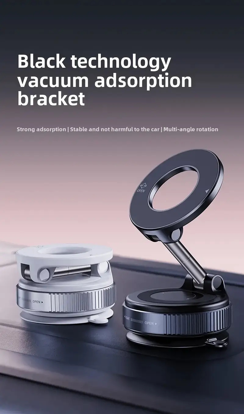 超强折叠磁性车载手机支架，真空吸盘旋转360°强力磁附着座，多角度全方位调节适用于汽车、桌面、墙壁 详情 0