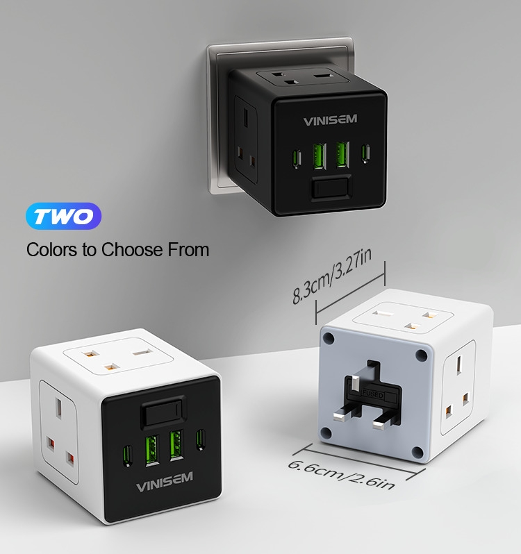 VINISEM 工业医院用英国插座 4 个插座 2 个 USB Type-C 端口 32500W PD 快速充电交流电源充电器壁插式充电器
