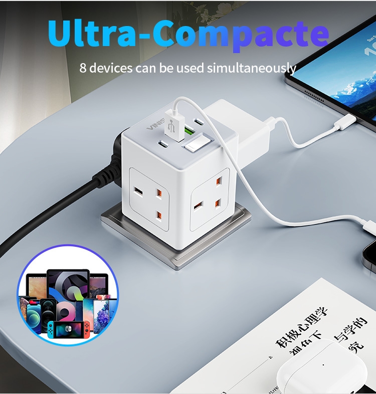 VINISEM 工业医院用英国插座 4 个插座 2 个 USB Type-C 端口 32500W PD 快速充电交流电源充电器壁插式充电器