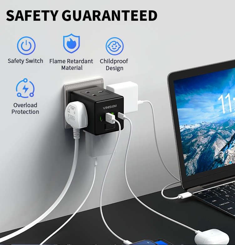 VINISEM 工业医院用英国插座 4 个插座 2 个 USB Type-C 端口 32500W PD 快速充电交流电源充电器壁插式充电器