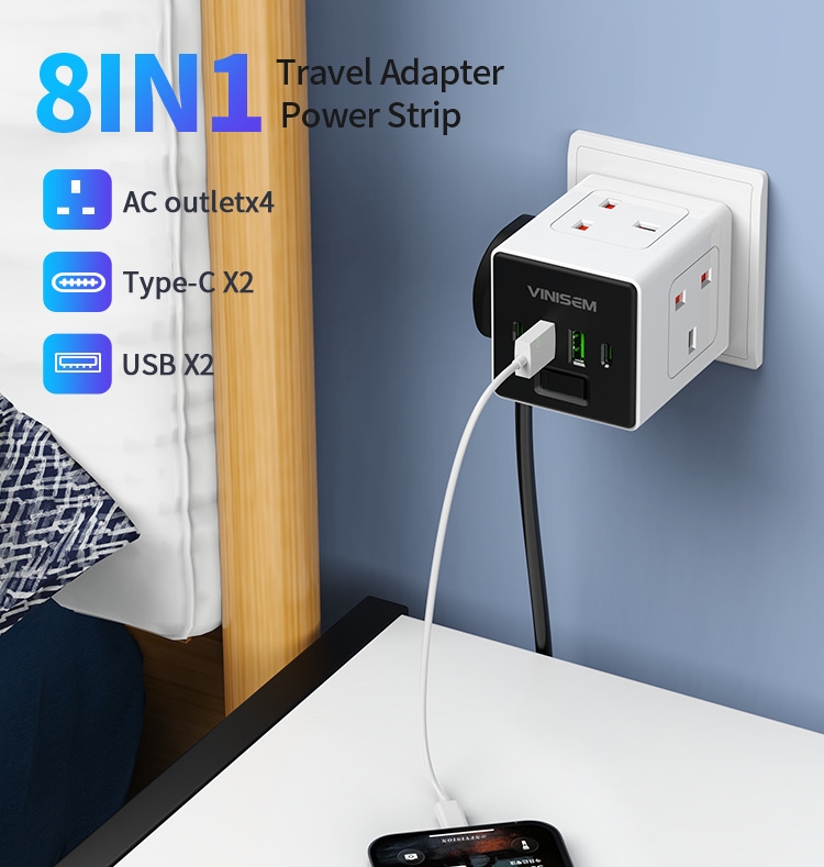 VINISEM 工业医院用英国插座 4 个插座 2 个 USB Type-C 端口 32500W PD 快速充电交流电源充电器壁插式充电器