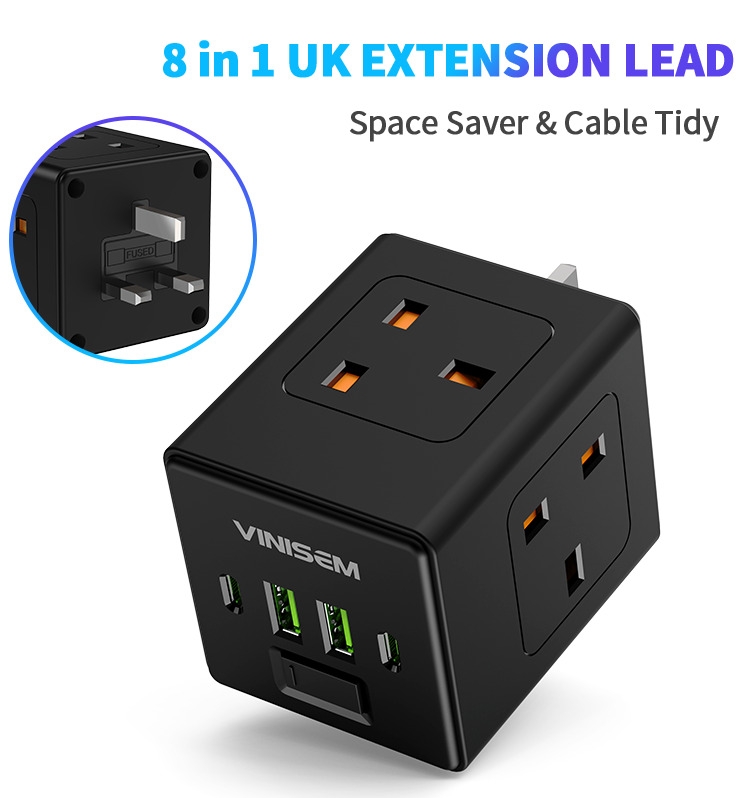 VINISEM 工业医院用英国插座 4 个插座 2 个 USB Type-C 端口 32500W PD 快速充电交流电源充电器壁插式充电器
