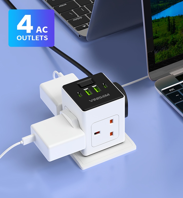 VINISEM 工业医院用英国插座 4 个插座 2 个 USB Type-C 端口 32500W PD 快速充电交流电源充电器壁插式充电器