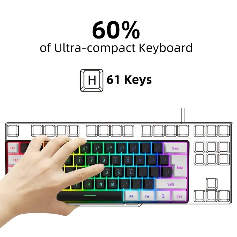 60 wired gaming keyboard rgb backlit compact mini keyboard small compact 61 key keyboard suitable for pc gamers typists travel convenient for business trips the keyboard can only be used wired details 4