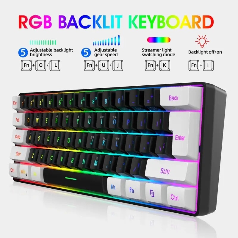 60 wired gaming keyboard rgb backlit compact mini keyboard small compact 61 key keyboard suitable for pc gamers typists travel convenient for business trips the keyboard can only be used wired details 1