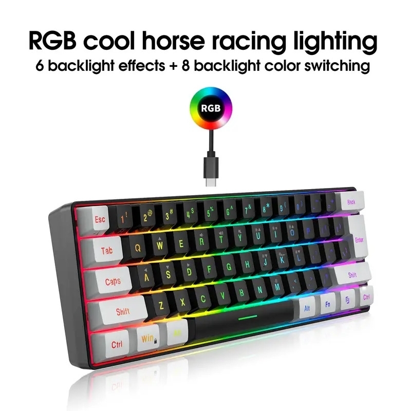 60 wired gaming keyboard rgb backlit compact mini keyboard small compact 61 key keyboard suitable for pc gamers typists travel convenient for business trips the keyboard can only be used wired details 7