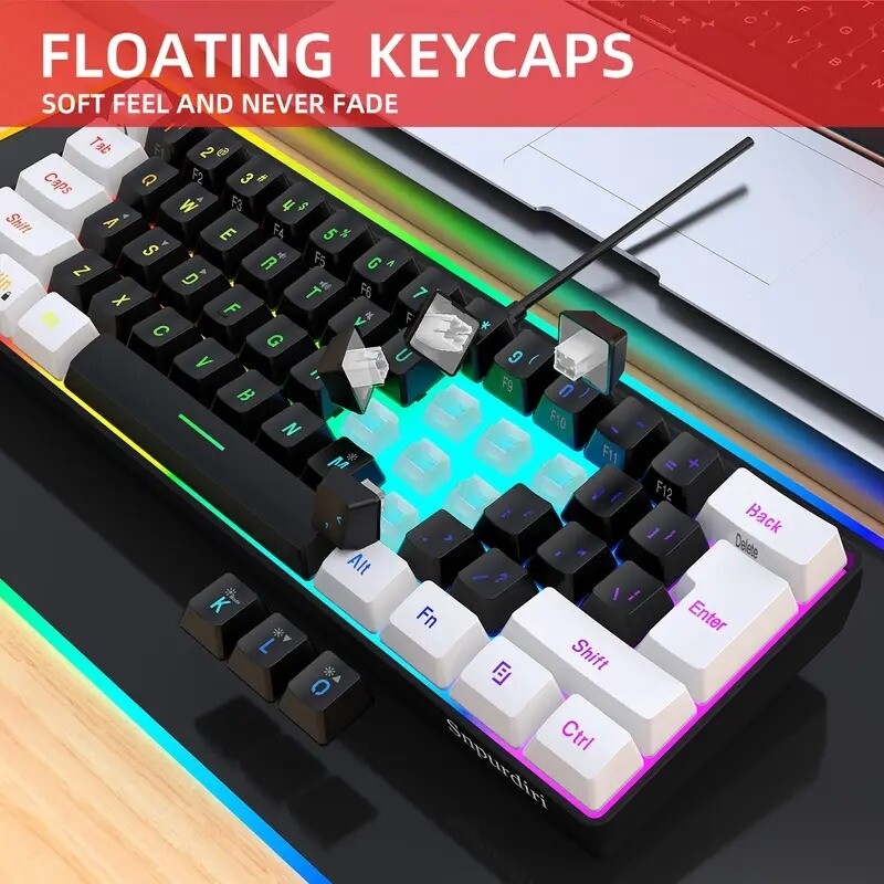 60 wired gaming keyboard rgb backlit compact mini keyboard small compact 61 key keyboard suitable for pc gamers typists travel convenient for business trips the keyboard can only be used wired details 2