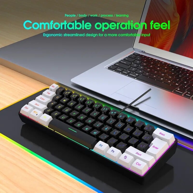 60 wired gaming keyboard rgb backlit compact mini keyboard small compact 61 key keyboard suitable for pc gamers typists travel convenient for business trips the keyboard can only be used wired details 6