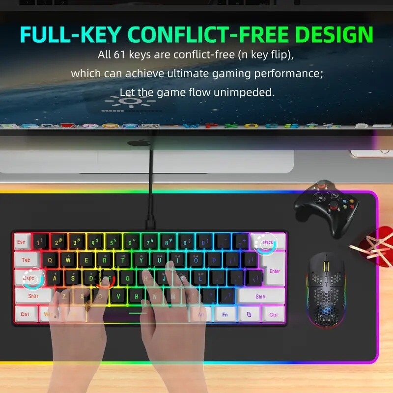 60 wired gaming keyboard rgb backlit compact mini keyboard small compact 61 key keyboard suitable for pc gamers typists travel convenient for business trips the keyboard can only be used wired details 3