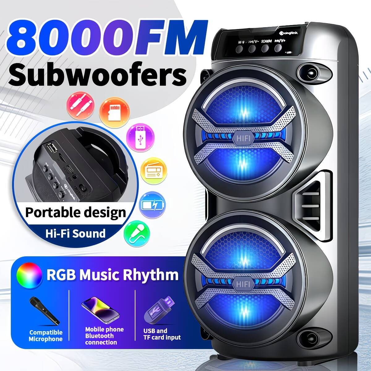 8000fm户外低音炮蓝牙音箱，便携式无线音箱，内置可充电电池，双重低音驱动单元，带来强劲深沉的立体声低音，支持蓝牙/tws/usb/aux/tf卡播放，高音量派对音效，适用于室内舞会、家庭娱乐、派对、现场音乐演出及作为礼品赠送 商品详情 1