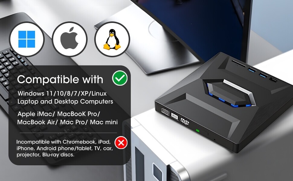 ROOFULL B21-Y reproductor de CD/DVD USB compatible con Windows 11, 10, 8, 7 Linux, Mac OS