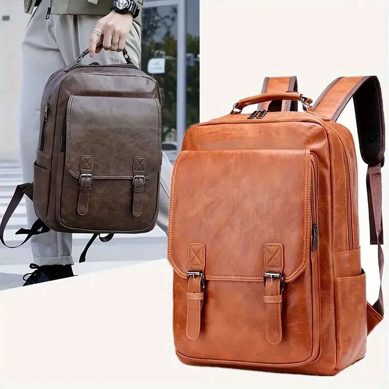mens stylish large capacity laptop backpack for 15 6 inch notebooks black pu synthetic leather magnetic closure soft shell tsa laptop storage sleek backpack laptop compatibl Product details 1