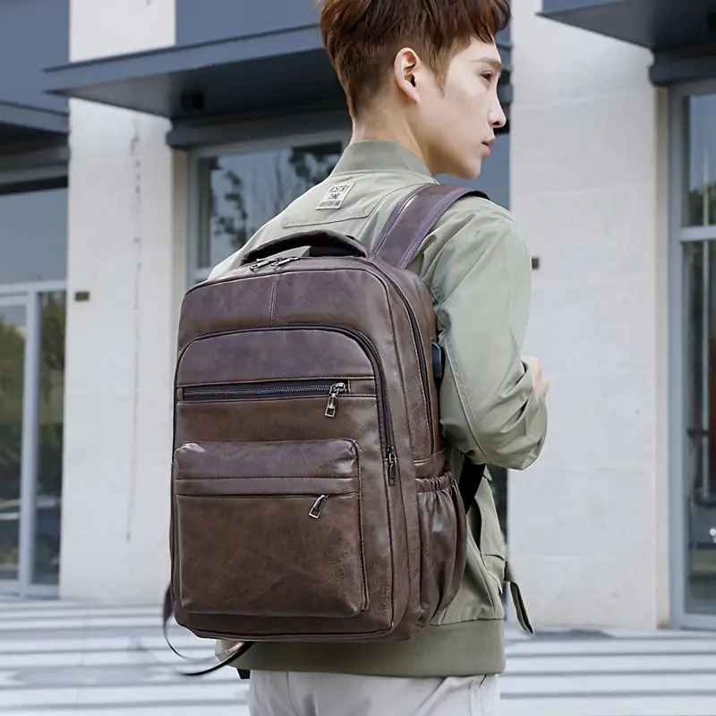 mens stylish large capacity laptop backpack for 15 6 inch notebooks black pu synthetic leather magnetic closure soft shell tsa laptop storage sleek backpack laptop compatibl Product details 25