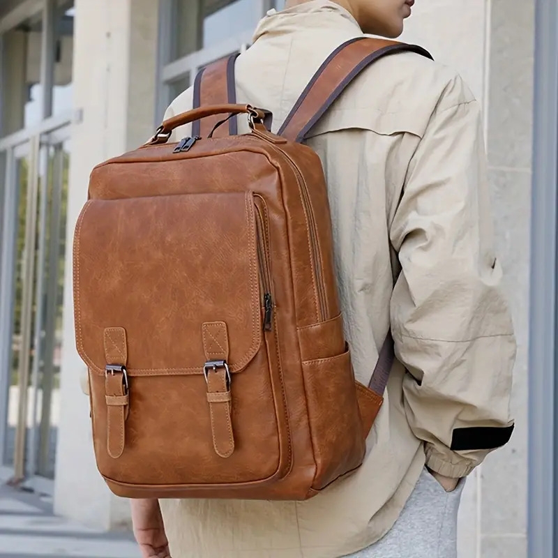 mens stylish large capacity laptop backpack for 15 6 inch notebooks black pu synthetic leather magnetic closure soft shell tsa laptop storage sleek backpack laptop compatibl Product details 3