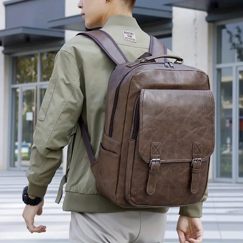 mens stylish large capacity laptop backpack for 15 6 inch notebooks black pu synthetic leather magnetic closure soft shell tsa laptop storage sleek backpack laptop compatibl Product details 2