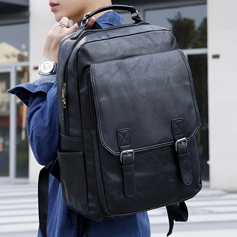 mens stylish large capacity laptop backpack for 15 6 inch notebooks black pu synthetic leather magnetic closure soft shell tsa laptop storage sleek backpack laptop compatibl Product details 6