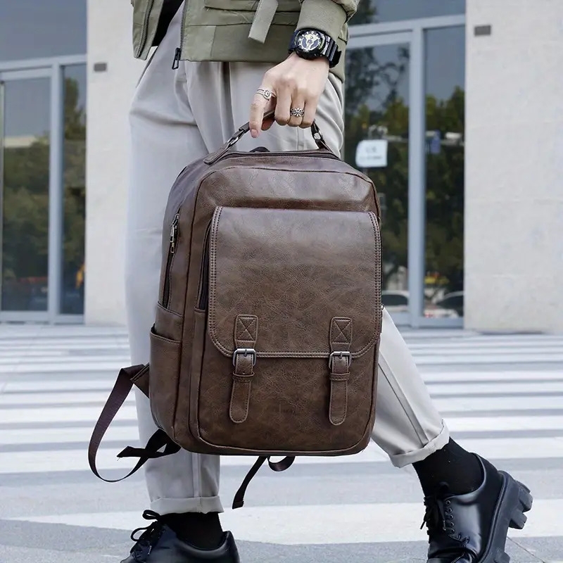 mens stylish large capacity laptop backpack for 15 6 inch notebooks black pu synthetic leather magnetic closure soft shell tsa laptop storage sleek backpack laptop compatibl Product details 8