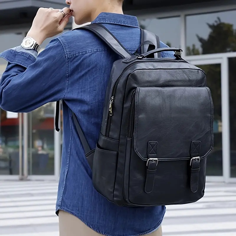 mens stylish large capacity laptop backpack for 15 6 inch notebooks black pu synthetic leather magnetic closure soft shell tsa laptop storage sleek backpack laptop compatibl Product details 4