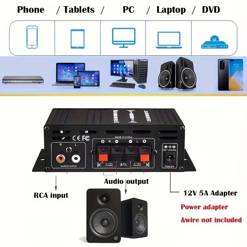 1个 600w 双通道迷你功率放大器,紧凑型 hifi 立体声音频放大器,2.0声道,ab类,rca/aux 输入,低音和高音控制 商品详情 4