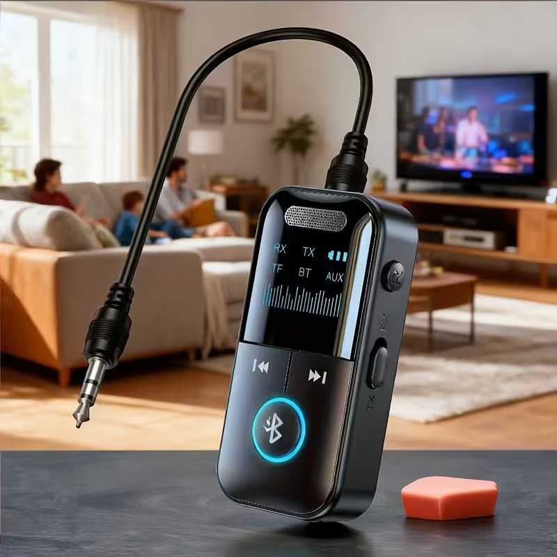 5 4 wireless audio adapter with screen display a car wireless adapter integrating a wireless receiver and transmitter it upgrades the aux sound effect and supports tf cards and is suitable for multiple device   such as computers tvs and cars Product details 3