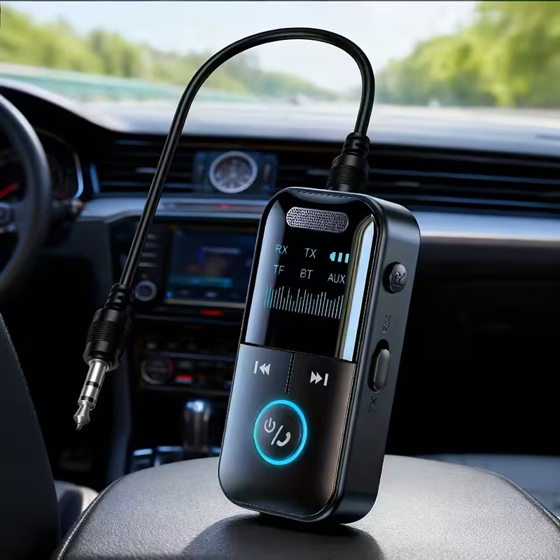 5 4 wireless audio adapter with screen display a car wireless adapter integrating a wireless receiver and transmitter it upgrades the aux sound effect and supports tf cards and is suitable for multiple device   such as computers tvs and cars Product details 1