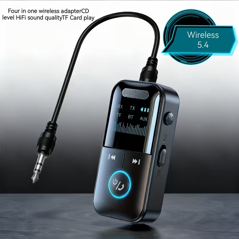 5 4 wireless audio adapter with screen display a car wireless adapter integrating a wireless receiver and transmitter it upgrades the aux sound effect and supports tf cards and is suitable for multiple device   such as computers tvs and cars Product details 0