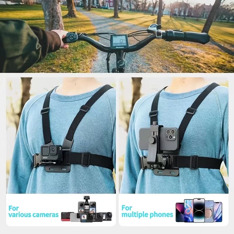a universal adjustable chest strap suitable for cycling kayaking fishing and skateboarding compatible with iphone samsung gopro  360 and   cameras ideal for pov vlog recording made of abs material Product details 0